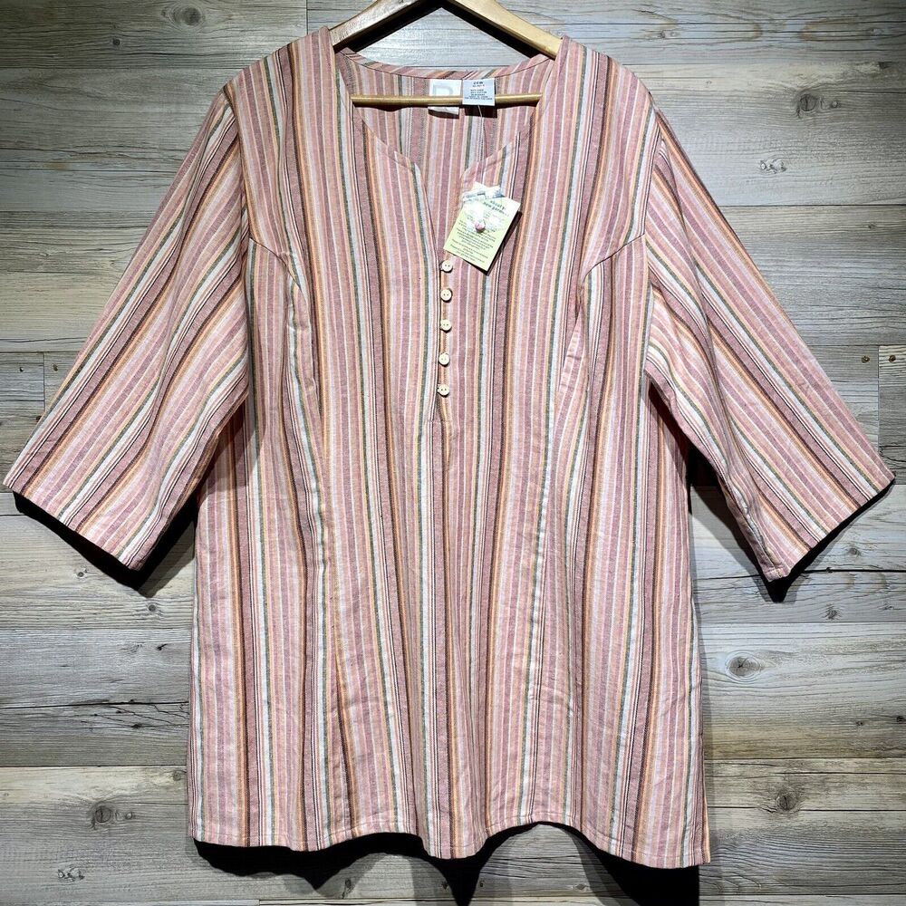 Roaman's Linen Blend Boho Neutral Pastel Striped Tunic Top 3/4 Sleeve Size 24W